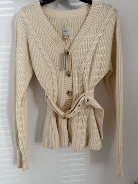 Maeve Cream Cable Belted V-Neck Cardigan Cinched Waist
